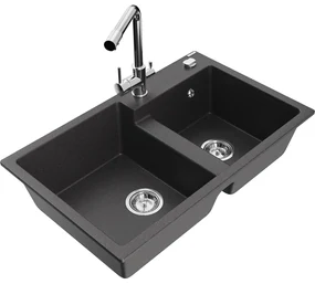 Mexen Tomas, granitový drez 800x500x190 mm, 2-komorový a chrómová batéria Duero, čierna škvrnitá, 6516-76-671600-00