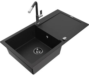 Mexen Leo, 1-komorový granitový drez 900x500x190 mm a drezová batéria Flora, čierna, 6501-77-670401-07-B