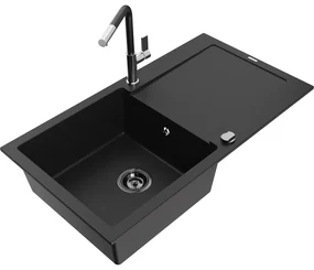 Mexen Leo, 1-komorový granitový drez 900x500x190 mm a drezová batéria Flora, čierna, 6501-77-670401-07-B