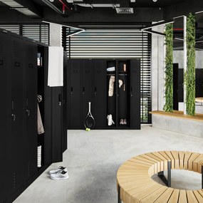 Kovová šatňová štvormodulová skriňa na sokli s policou KACPER II, 600 x 1800 x 500 mm, čierna