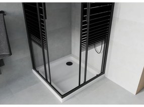 Mexen Rio, štvorcový sprchovací kút s posuvnými dverami 80(dvere) x 80(dvere) x 190 cm, 6mm číre sklo s pásikmi, čierny profil + biela sprchová vanička SLIM, 860-080-080-70-20-4010B