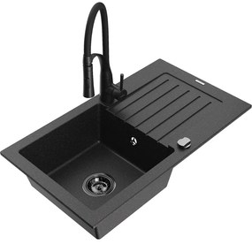 Mexen Pablo, 1-komorový granitový drez 752x436x161 mm a drezová batéria Aster, čierna-strieborná metalíza, 6510-73-73450-70-B