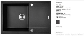 Laveo Megalo, 1-komorový granitový drez 780x500x185 mm, čierna, LAV-SBE_711T