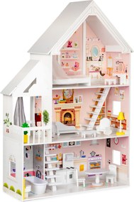 Drevený domček pre bábiky ECOTOYS – Púdrová rezidencia XXL, 3-poschodový, 15 ks nábytku
