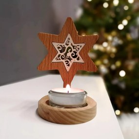 AMADEA Drevený svietnik hviezda s vkladom - ornament, masívne drevo, výška 10 cm