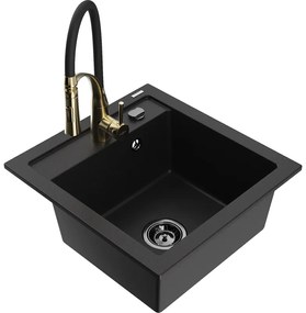 Mexen Vito, 1-komorový granitový drez 490x520x210 mm a drezová batéria Aster, čierna, 6503-77-73450-57-B
