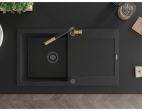 Mexen Leo, 1-komorový granitový drez 900x500x190 mm a drezová batéria Flora, čierna, 6501-77-670401-57-B