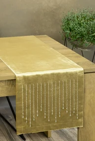 Luxusný zamatový stredový obrus v zlatej farbe s detailom kamienkov 35x180