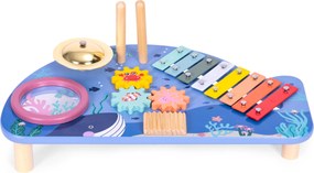 Drevený hudobný stolík s 4 nástrojmi pre deti (xylofón, bubon, tarka) – veľryba ECOTOYS