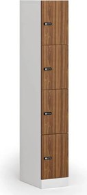 Šatníková skrinka S1 s úložnými boxmi, 4 boxy, 1850 x 300 x 500 mm, mechanický kódový zámok, laminované dvere, orech
