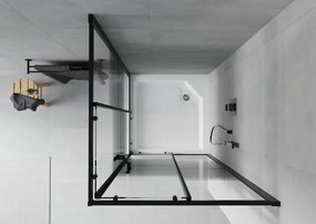Mexen Rio, štvorcový sprchovací kút s posuvnými dverami 90(dvere) x 90(dvere) x 190 cm, 6mm číre sklo s pásikmi, čierny profil + biela sprchová vanička RIO, 860-090-090-70-20-4510