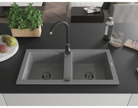 Mexen Mario, granitový drez 820x436x161 mm, 2-komorový, šedá s čiernym sifónom, 6504822000-71-B