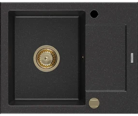 Mexen Enzo granitový jednokomorový drez s odkvapkávačom 576 x 465 mm, Čierna/Strieborná metalíza, Sifón Zlatá - 6506571005-73-G