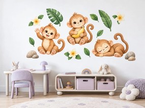 Tri opičky medzi tropickými kvetmi veselé akvarelové nálepky s opičkami pre dievčatá aj chlapcov na stenu arch 34 x 46 cm