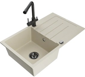 Mexen Bruno, 1-komorový granitový drez s odkvapkávačom 795x495x200 mm a čierna batéria Duero, béžová, 6513-69-671600-70