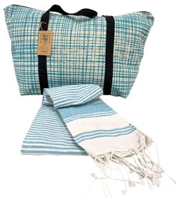 Štýlový set plážovej tašky + osušky HAMAM 75 x 150 cm, tyrkysový
