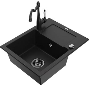 Mexen Enzo, granitový drez 576x465x174 mm, 1-komorový a drezová batéria Carla, čierna, 6506-77-670700-70-B