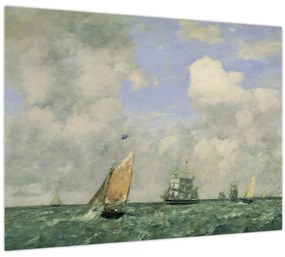 Sklenený obraz - Eugène Boudin, Ships and Sailing Boats Leaving Le Havre, reprodukcia (70x50 cm)