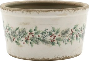 Béžový keramický kvetináč s cezmínou Holly Christmas Antique - Ø 16,5 * 9,5 cm