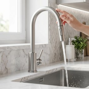 Rea Fresh Touch, vysoká kuchynská batéria s výsuvnou 2-funkčnou spŕškou, brúsená oceľ, REA-B6735