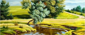 Obraz - Rieka medzi lúkami, olejomaľba (120x50 cm)
