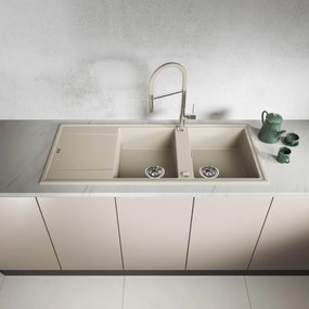 Laveo Megalo, 2-komorový granitový drez 1160x500x185 mm s dlhým odkvapávačom, béžová, LAV-SBE_421T