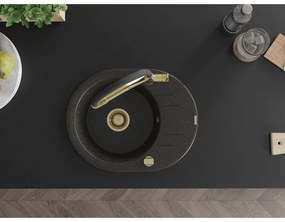 Mexen Kevin, granitový drez 586x458x190 mm, 1-komorový a biela batéria Duo, čierna-zlatá metalíza, 6517-75-671701-57-G