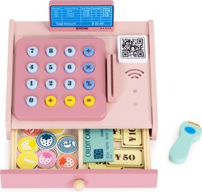 MULTISTORE Drevená pokladňa hračka pre deti so skenerom, čítačkou kariet, peniaze 3+