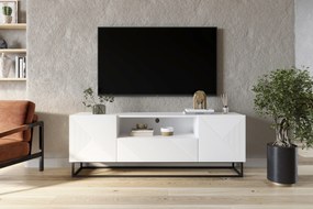 TV stolík Asha 167 cm na čiernom podstavci s otvorenou policou - biely mat