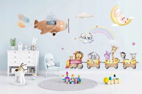 Roztomilá detská nálepka na stenu zvieratká vo vláčiku 100 x 200 cm