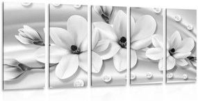 5-dielny obraz luxusná magnólia s perlami v čiernobielom prevedení - 200x100