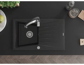 Mexen Cesar, 1-komorový granitový drez 775x470x190 mm a drezová batéria Aster, čierna, 6514-77-73450-07