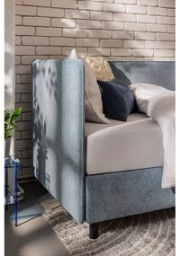 Modrá čalúnená jednolôžková posteľ s úložným priestorom s matracom 90x200 cm Avela – Bonami Selection