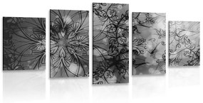 5-dielny obraz kvetinová Mandala v čiernobielom prevedení - 200x100