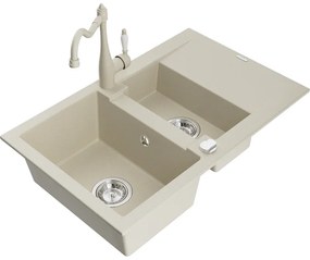 Mexen Gaspar, granitový drez 752x436x161 mm, 1,5-komorový a drezová batéria Carla, béžová, 6507-69-670700-69