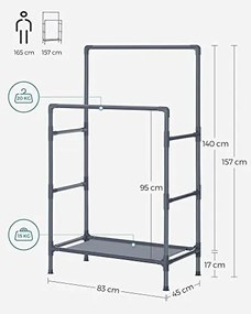 Stojan na oblečenie, 2 závesné tyče, 1 polica, 157x83x45cm, sivý