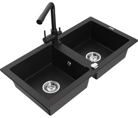 Mexen Mario, 2-komorový granitový drez 820x436x161 mm a čierna drezová batéria Duero, čierna, 6504-77-671600-70
