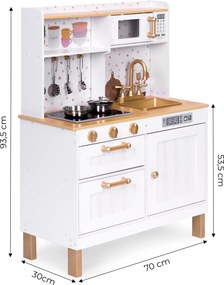 Detská drevená kuchynka ECOTOYS s LED a zvukmi, otvárateľné skrinky, 7 kovových doplnkov