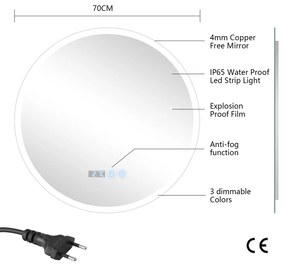 Erga Deam, okrúhle LED zrkadlo 70cm, 3 farby svetla, predné osvetlenie, vyhrievacia podložka proti zapareniu, ERG-V01-Deam-7070-CL