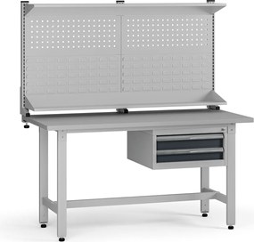 Výškovo nastaviteľný dielenský stôl G5 s nadstavbou, 1500 x 750 x 800-1000 mm, 1x kontajner, 2 zásuvky, grafit