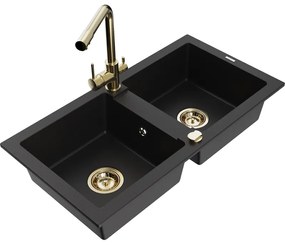 Mexen Mario, 2-komorový granitový drez 820x436x161 mm a zlatá drezová batéria Duero, čierna, 6504-77-671600-50