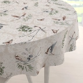 Biante Bavlnený okrúhly obrus Sandra SA-490 Lastovičky s motýlikmi na béžovom ornamente Ø 100 cm