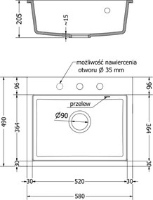Mexen Oscar žulový drez 1-komorový 580 x 490 mm, biely, sifón zlatý - 6519581000-20-G