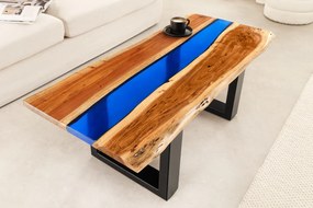 Konferenčný stolík LIQUID 110 cm akáciové drevo s modrým epoxidovým pásom