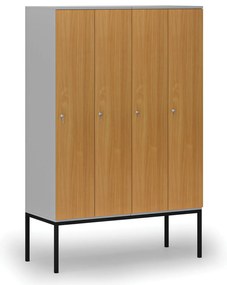 Drevená šatníková skrinka S4 s podnožou, 4 oddiely, 1871 x 1200 x 500 mm, demont, cylindrický zámok, sivá/buk