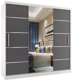 Šatníková skriňa 200 cm Belini biely mat / šedý mat  s posuvnými dverami zrkadlom a zásuvkami  MT SZP5/1/W/SR/0/KLAL