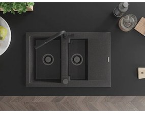 Mexen Gaspar, 1,5-komorový granitový drez 737x475x177 mm a drezová batéria Flora, čierna škvrnitá, 6507-76-670401-70-B