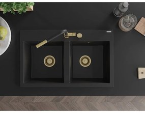 Mexen Hektor, 2-komorový granitový drez 800x480x205 mm, čierna, zlatý sifón,- 6521802000-77-G