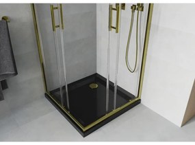 Mexen Rio, štvorcový sprchovací kút s posuvnými dverami 90(dvere) x 90(dvere) x 190 cm, 6mm číre sklo, zlatý profil + čierna sprchová vanička SLIM, 860-090-090-50-00-4070G