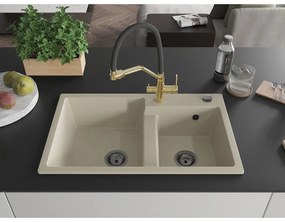 Mexen Tomas, 2-komorový granitový drez 800x500x190 mm  a kuchynská batéria Duo, béžová, 6516-69-671701-57-B